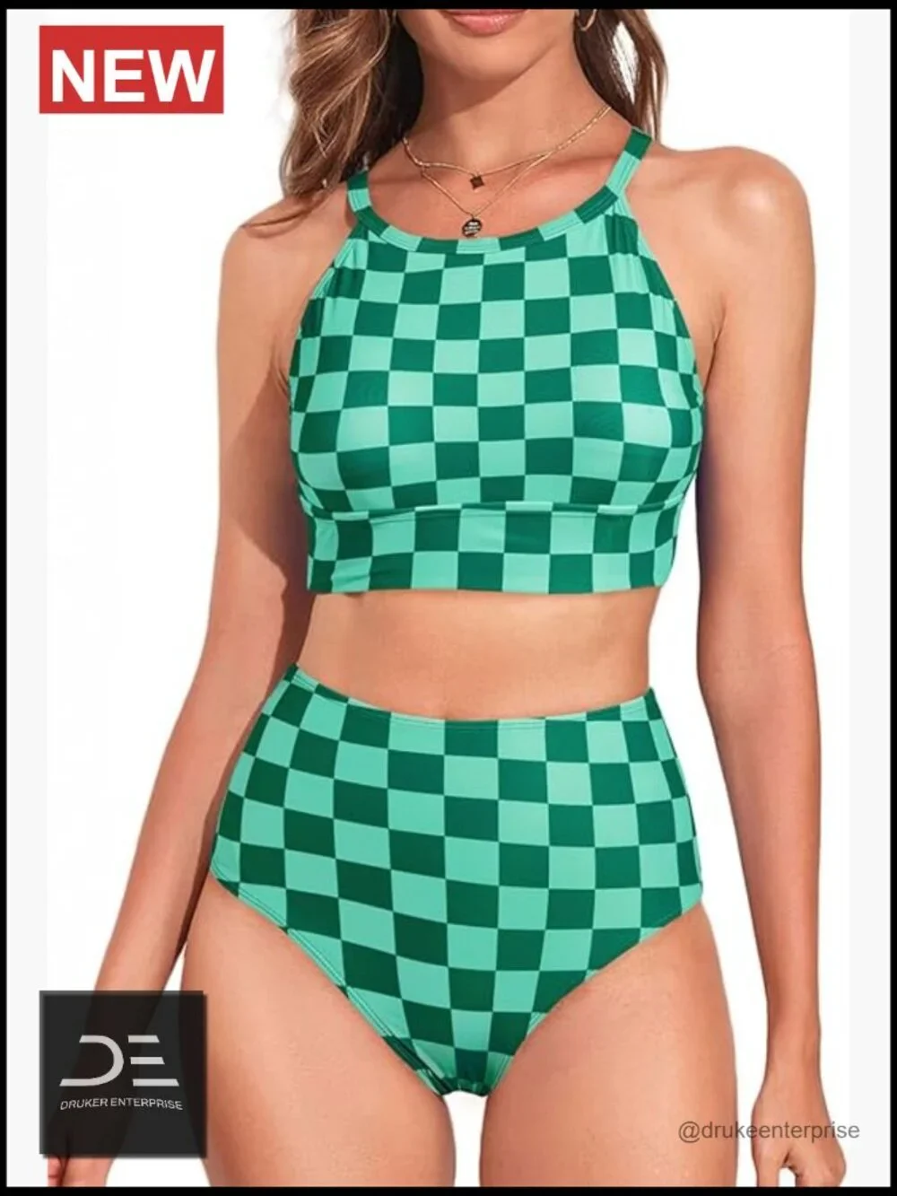 High Neck Tropical Leaf Print High Waisted Bikini Set Two Piece Swimsuits